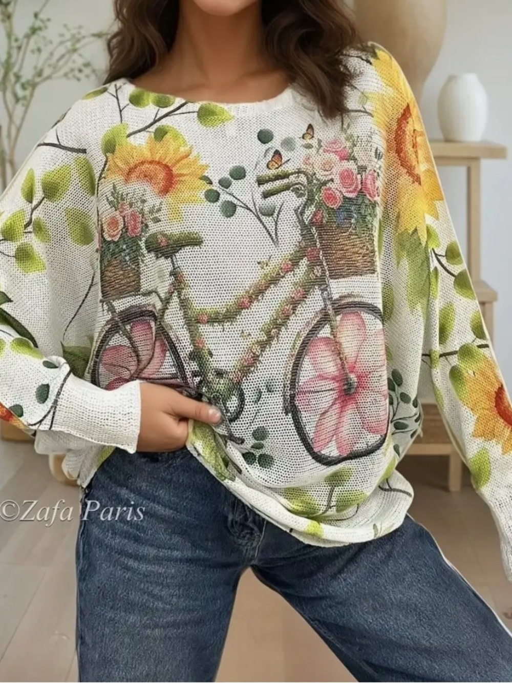 Floral Bicycle Graphic Knit Top - White, Yellow & Pink. Made in Italy.